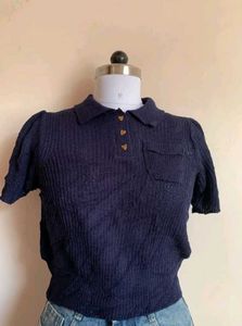 Cute Navy Knit Polo Top