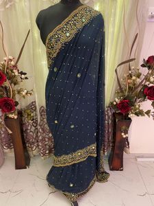 heavy Navy Blue Embellished Saree