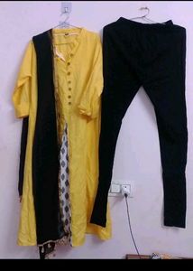 Yellow Kurti with Black Pants,Used