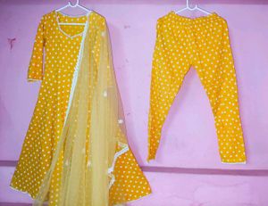 Yellow Printed Kurta Pant Dupatta Set