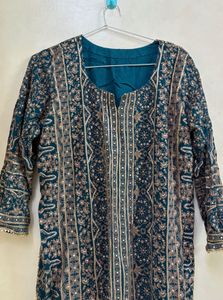 Bottle Green Heavy Printed Suit 3 pcs set