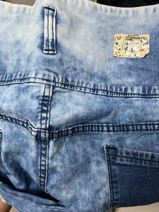 Ribbed High Waisted Acid Washed Blue Demim Jeans