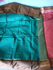Handwoven Silk Plaid Fabric Saree -SeaGreen