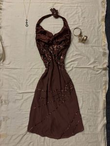y2k Brown Sequin Halter Dress