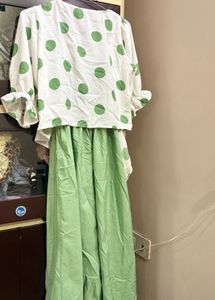 Green Dress with Polka Dot Shrug