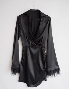 Black Feather satin Trim Mini Dress