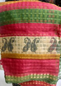 Net Cotta Green Red Combination Saree
