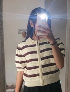 Striped Zip Up Polo Shirt