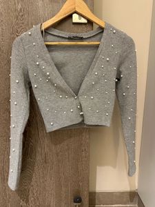 ZARA Grey Pearl Embellished Cardigan