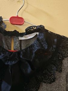 Gray Long Sleeve Top with Lace Collar