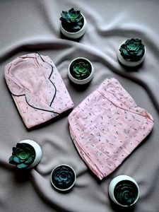 Pink Cotton Printed Night Suit for Women