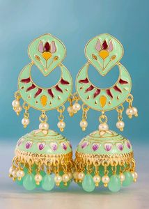 Mint Jhumka Earrings with Pearl Details