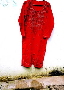 Handwork Chikenkari Red Embroidered Kurta