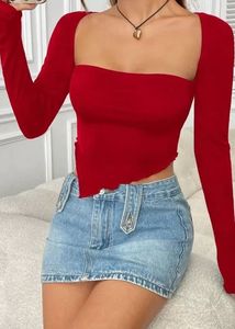 Square Neck Asymmetrical Hem Long Sleeves Top