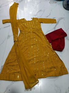 Elegant Yellow Anarkali 3pc Suit Set