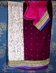 Purple And White Mixed Velvet Saree
