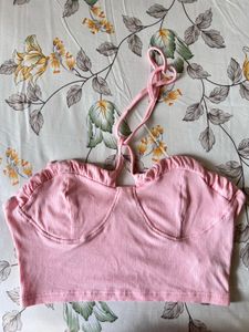 🎀 Pink Ribbed Halter Crop