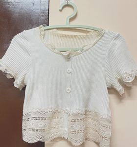 Lace Border Off White Crop Top