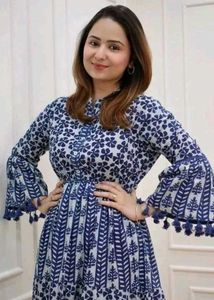 Floral Print Anarkali With Pompom