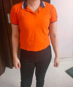 Women Orange Cotton Casual Polo Tshirt