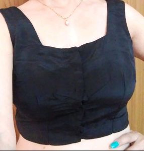 Black Satin Silk Cut Sleeves Blouse