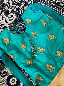 Elegant Teal &amp; Gold Anarkali Dress