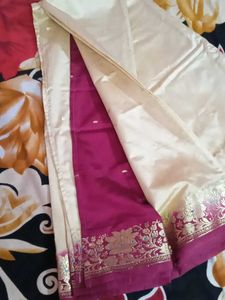 Elegant Cream &amp; Pink Silk Sari