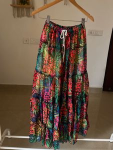 Leafy Print Tiered Chiffon Long Skirt