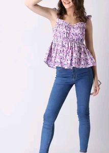 Blue Floral Print Ruffles Smocked Peplum Top