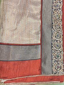 Brown Sari With Border Stone Embroidery