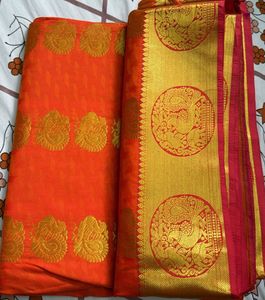 Orange &amp; Gold Woven Saree