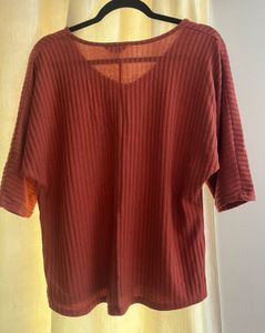 Rust Ribbed V-Neck Top