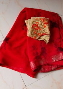 Red Saree With Beautiful Blouse