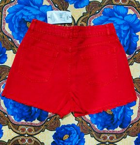 Shein Frayed Hem Mini Red Denim Shorts With Pocket