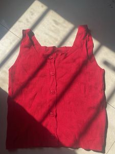 Red Ribbed Button Tank Top