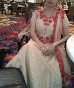 Red Roses Cut Worked Cream Gown