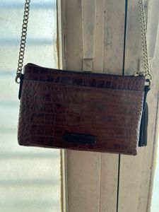 Brown Croc-Embossed Chain Bag