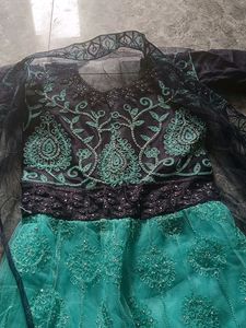 Navy Blue And Cyan Colour Ethinc Gown With Coat