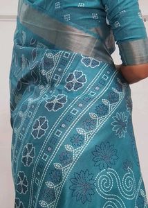 Teal Floral Print Saree With Blouse