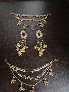 Gold &amp; Pearl Earrings And Ear Chain Set