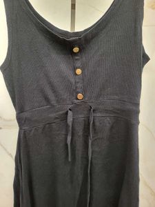 Black Button-Front Tie Waist Dress