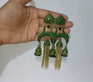 Earring/Jhumka Green Colour With Golden Strings