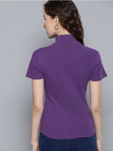 Mast &amp; Harbour Women Purple SolidHigh Neck T-shirt
