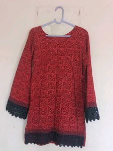 Red Floral Print Kurti with Lace