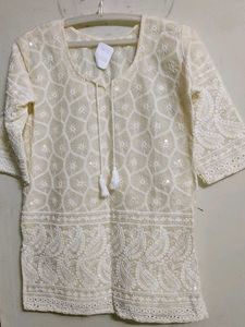 Off White Embroidered Chikankari Short Kurti
