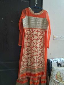 Orange Golden Embroidered Net Anarkali Gown
