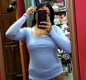 Light Blue Color Ribbed Thin Sweater For Women