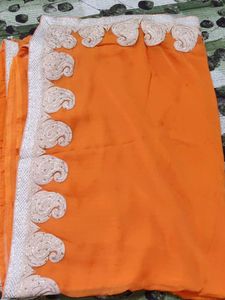 Orange & White Embroidered Saree