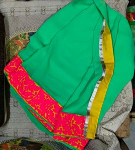 Green Saree With Pink and Yellow Borders