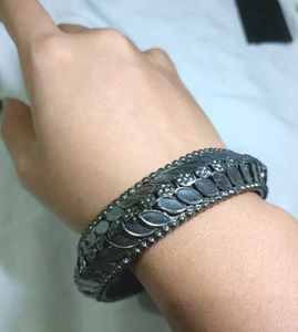 Leaf Design ethnic silver oxidised black Bangle